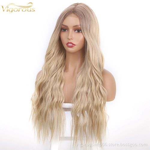 Lace Synthetic Wig Colored Blonde Hair Long Body Wavy Middle Part High Quality Good Premium Hair Cheap Price